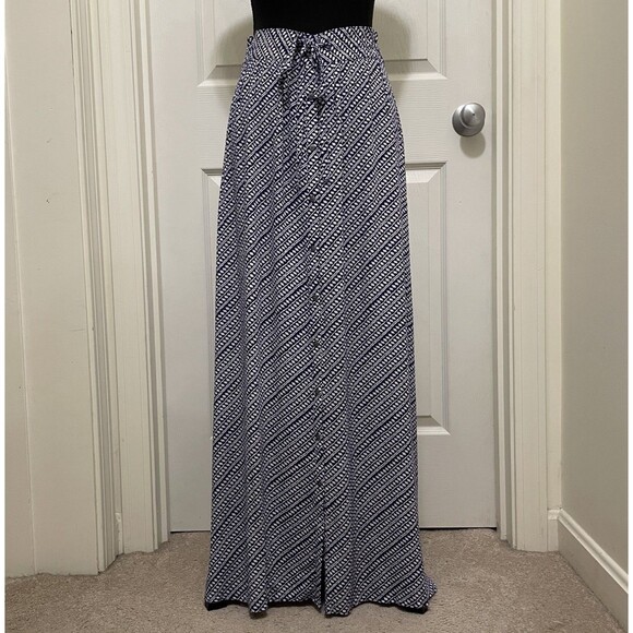 Ann Taylor LOFT Maxi Skirt Button Front Drawstring Navy Blue & White Womens Sz 2 - Picture 1 of 10